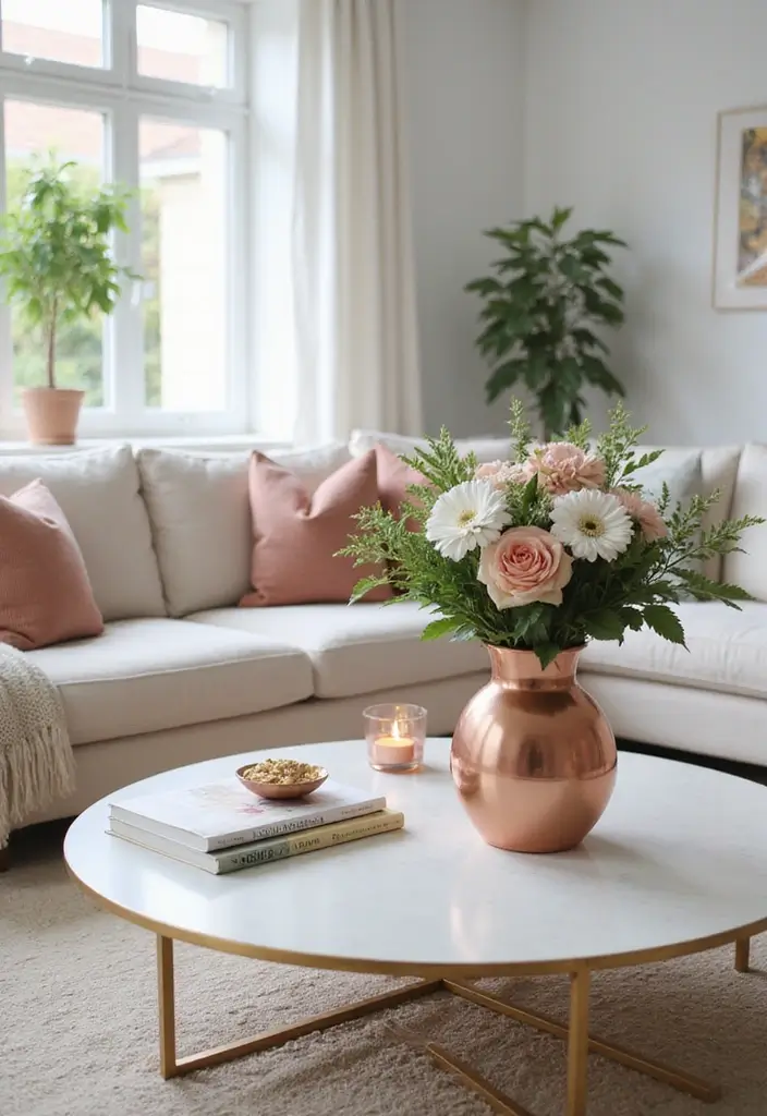 28 Rose Gold Living Room Ideas That Add Glamour and Shine - 26. Fresh Rose Gold Floral Arrangements