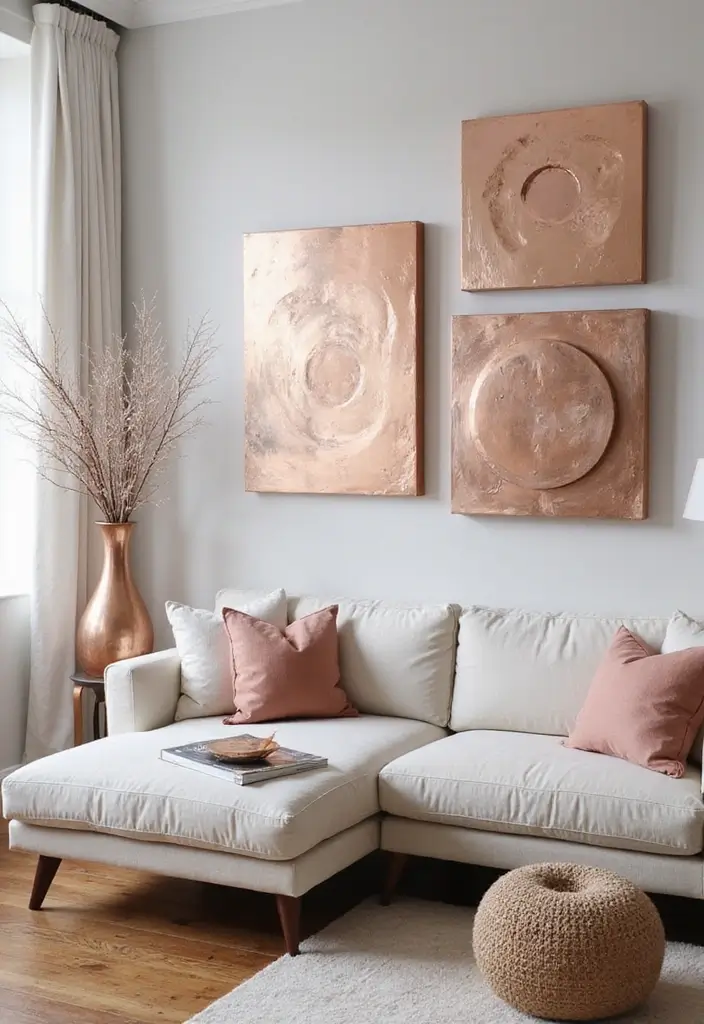 28 Rose Gold Living Room Ideas That Add Glamour and Shine - 4. Artistic Rose Gold Wall Decor
