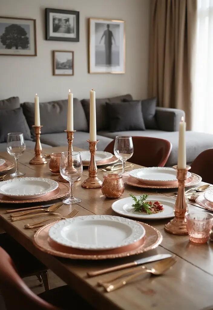 28 Rose Gold Living Room Ideas That Add Glamour and Shine - 9. Luxurious Rose Gold Table Settings