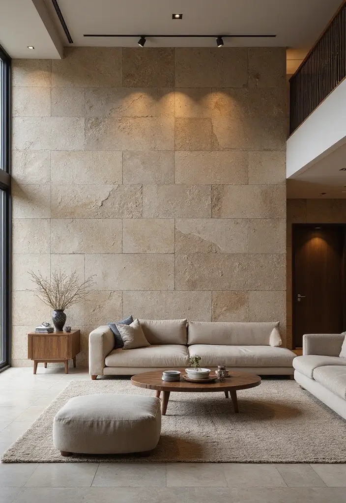 28 Wall Paneling Living Room Ideas That Add Character and Warmth - 15. Natural Stone Paneling