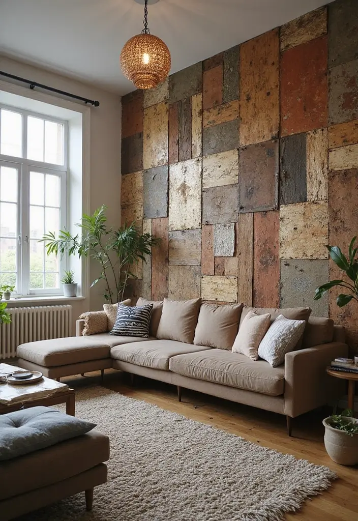 28 Wall Paneling Living Room Ideas That Add Character and Warmth - 25. Upcycled Material Paneling