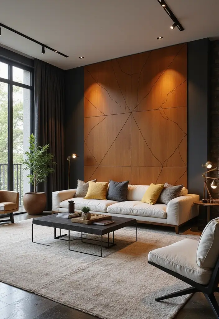 28 Wall Paneling Living Room Ideas That Add Character and Warmth - 26. Geometric Wall Panels