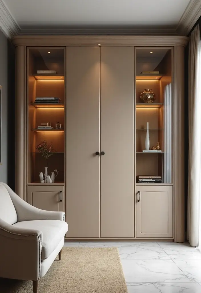 28 Wardrobe Design Living Room Ideas That Add Storage and Style - 13. Wardrobe with Glass Display Cases