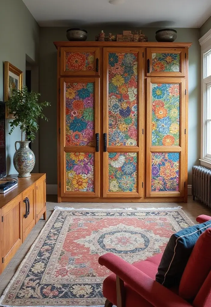 28 Wardrobe Design Living Room Ideas That Add Storage and Style - 19. Artistic Wardrobe Doors