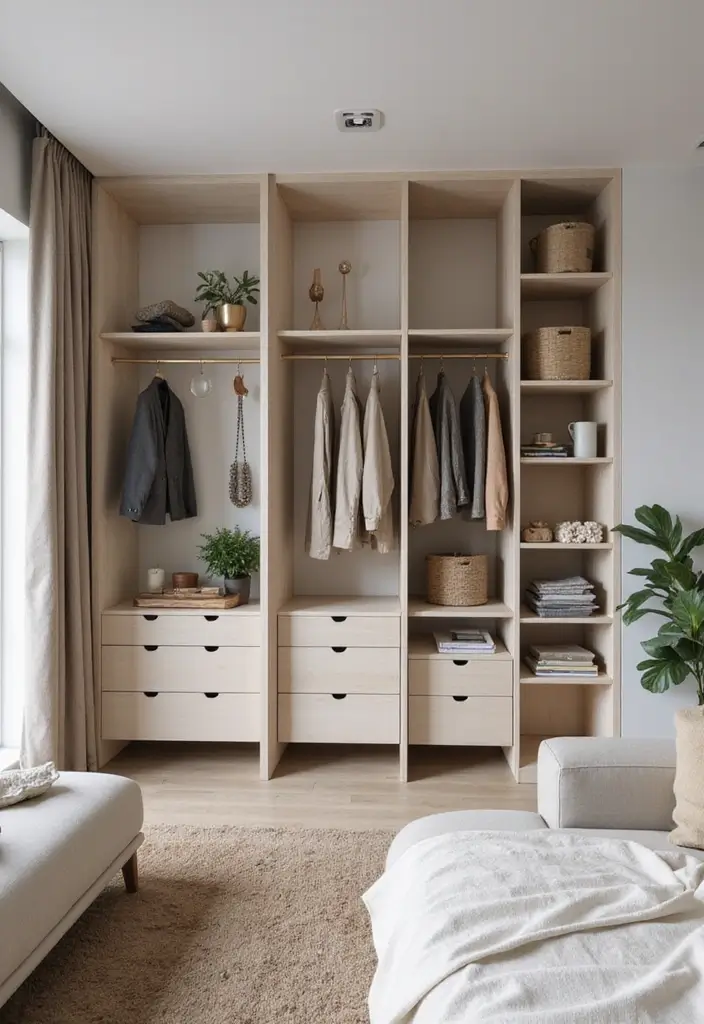 28 Wardrobe Design Living Room Ideas That Add Storage and Style - 20. Minimalist Open Wardrobe Systems