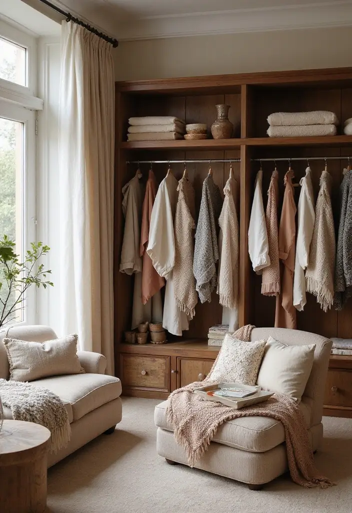 28 Wardrobe Design Living Room Ideas That Add Storage and Style - 23. Combining Textiles and Wardrobe Designs