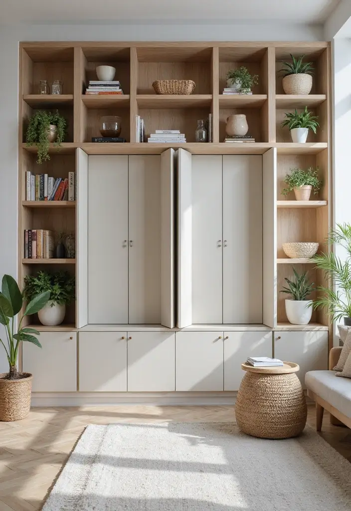 28 Wardrobe Design Living Room Ideas That Add Storage and Style - 3. Open Shelving with Wardrobe Features