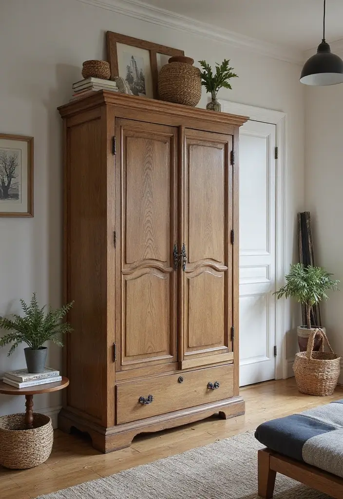 28 Wardrobe Design Living Room Ideas That Add Storage and Style - 7. Vintage Wardrobe Revival