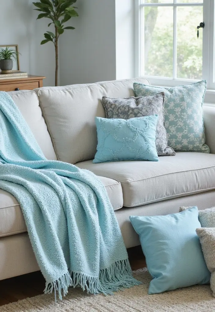 29 Baby Blue Living Room Ideas That Feel Airy and Soft - 10. Cozy Throws and Pillows