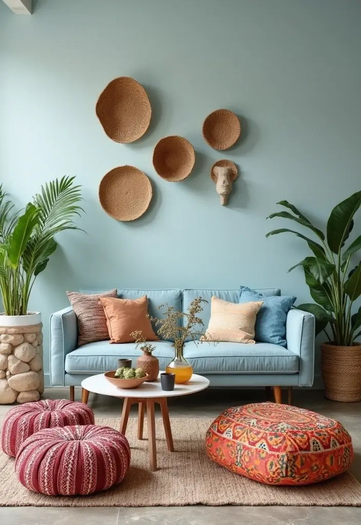 29 Baby Blue Living Room Ideas That Feel Airy and Soft - 11. Bohemian Accessories