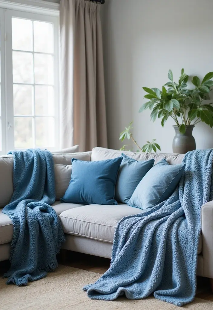29 Baby Blue Living Room Ideas That Feel Airy and Soft - 14. Blue-Toned Throws