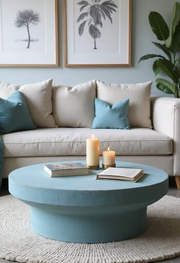 29 Baby Blue Living Room Ideas That Feel Airy and Soft - 15. Unique Coffee Tables