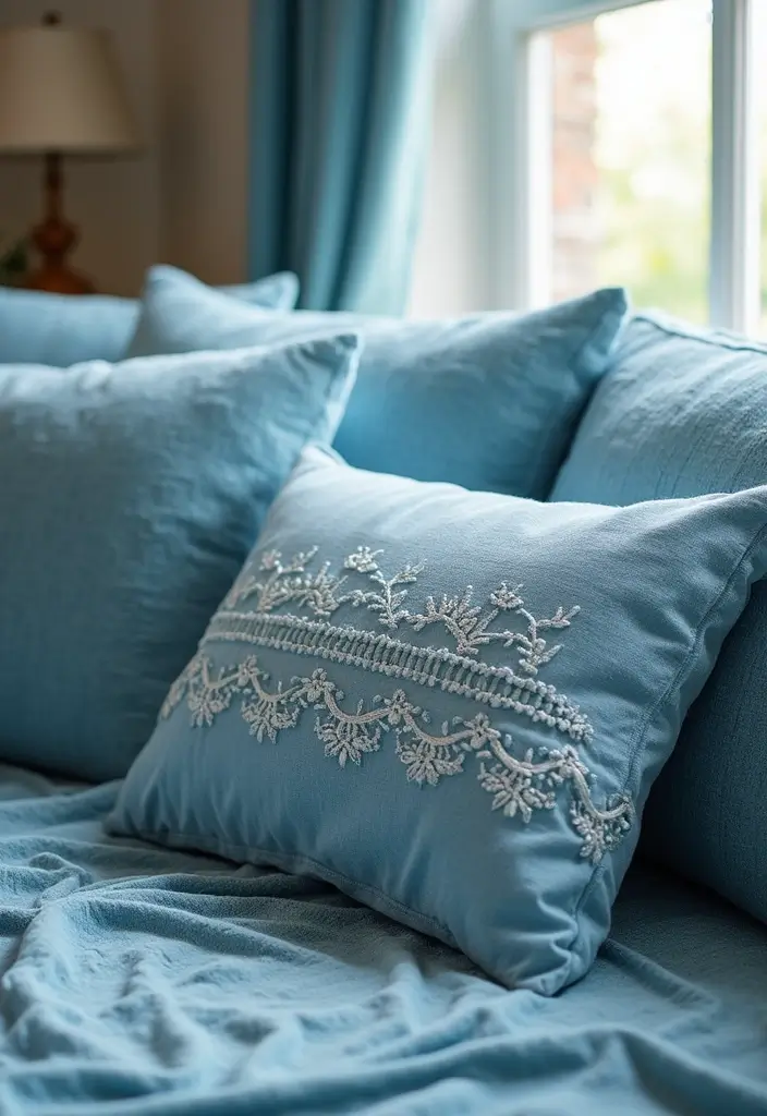 29 Baby Blue Living Room Ideas That Feel Airy and Soft - 17. Textured Blue Pillows