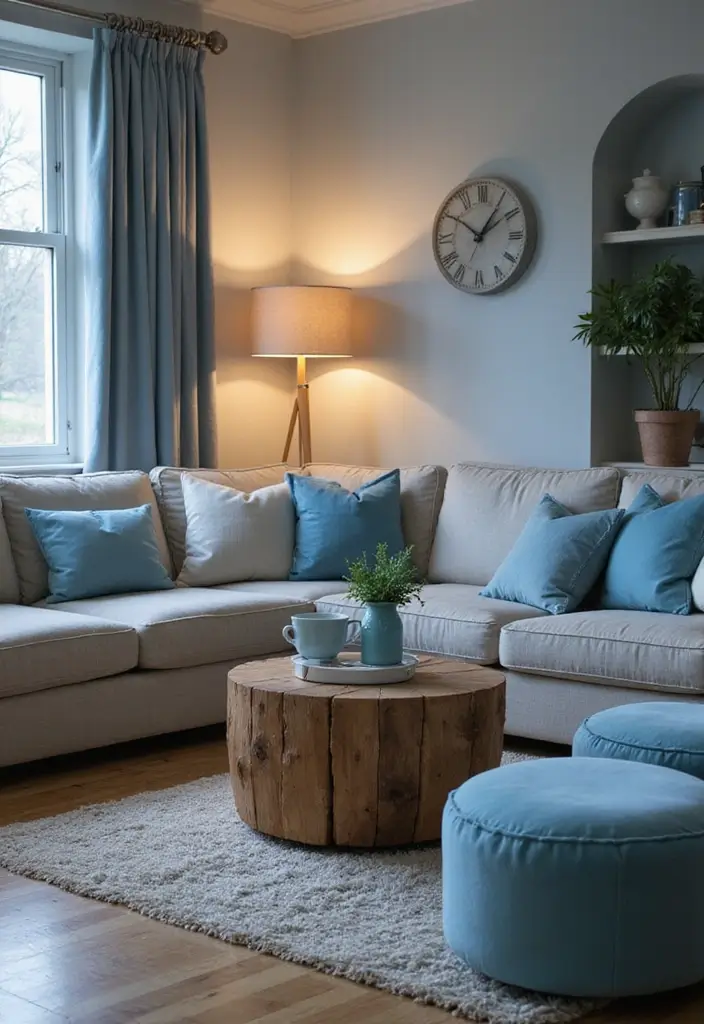29 Baby Blue Living Room Ideas That Feel Airy and Soft - 20. Accent Lighting
