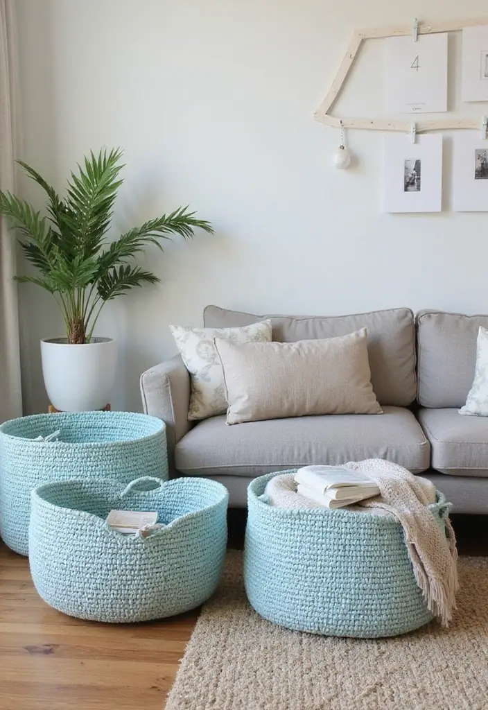 29 Baby Blue Living Room Ideas That Feel Airy and Soft - 22. Baby Blue Woven Baskets