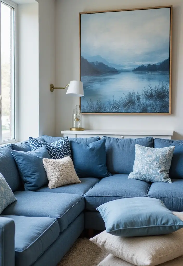 29 Baby Blue Living Room Ideas That Feel Airy and Soft - 23. Blue-Tone Throw Pillows
