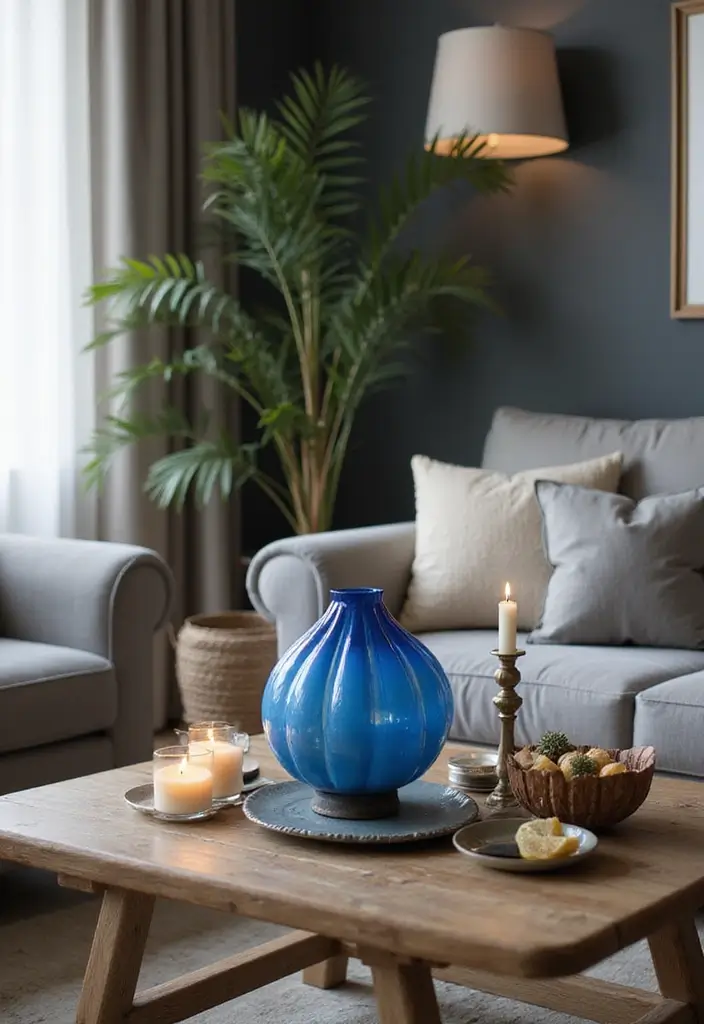 29 Baby Blue Living Room Ideas That Feel Airy and Soft - 24. Unique Blue Centerpieces