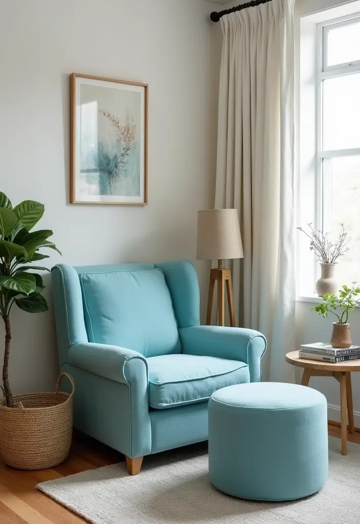 29 Baby Blue Living Room Ideas That Feel Airy and Soft - 5. Artistic Blue Accent Furniture