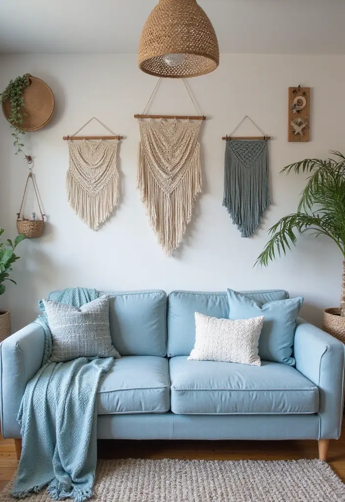 29 Baby Blue Living Room Ideas That Feel Airy and Soft - 7. Bohemian Wall Hangings