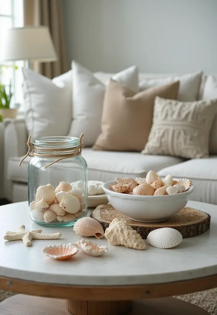 29 Beach Decor Living Room Ideas That Bring Coastal Calm - 10. Seashell Displays