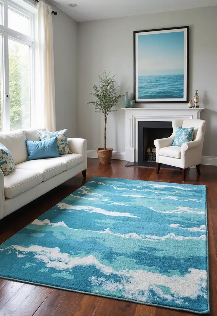 29 Beach Decor Living Room Ideas That Bring Coastal Calm - 12. Coastal-Inspired Area Rugs