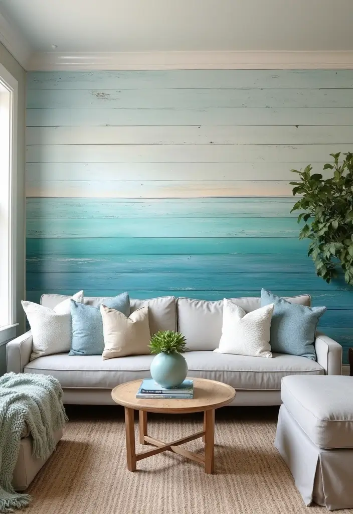29 Beach Decor Living Room Ideas That Bring Coastal Calm - 13. Beach-Themed Accent Walls