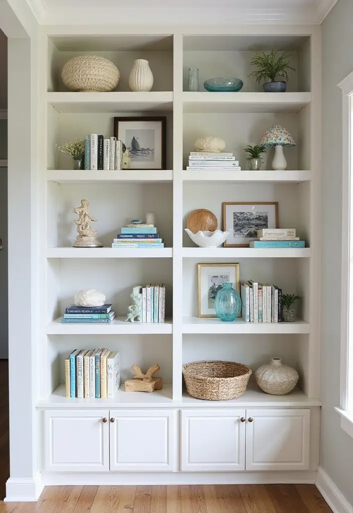 29 Beach Decor Living Room Ideas That Bring Coastal Calm - 17. Coastal-themed Bookshelves