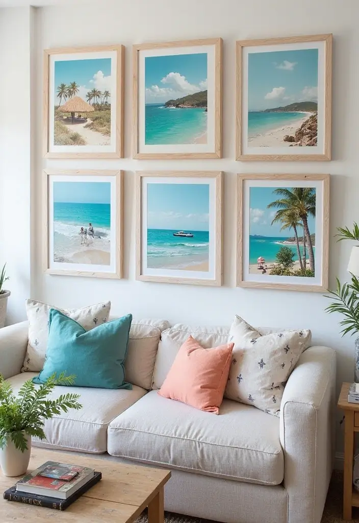 29 Beach Decor Living Room Ideas That Bring Coastal Calm - 18. Colorful Beach Prints