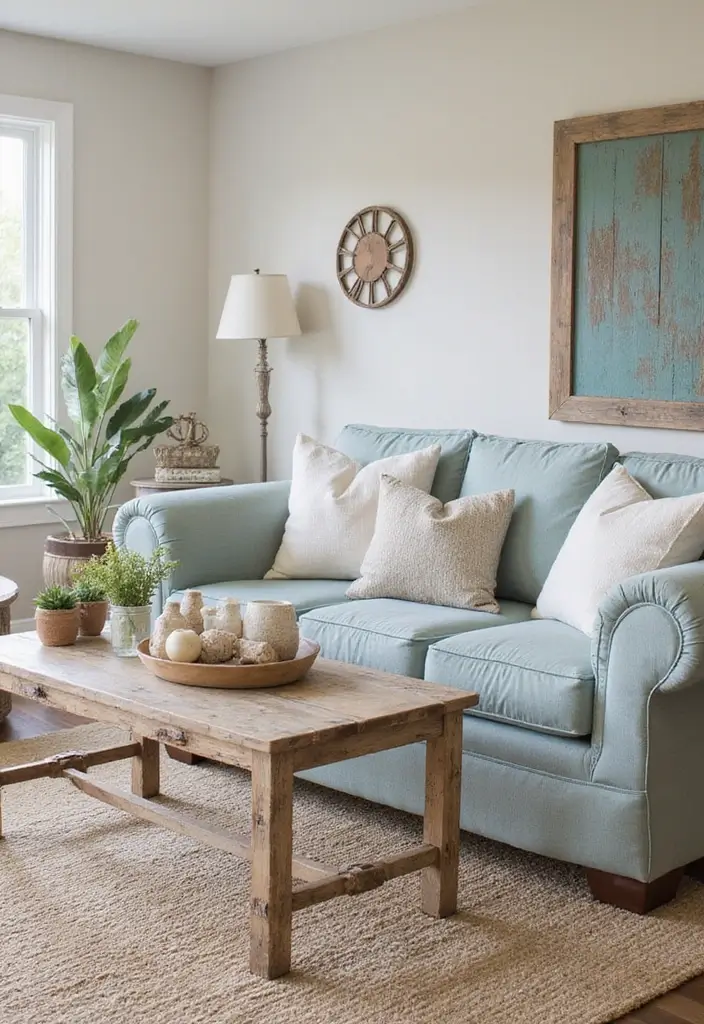 29 Beach Decor Living Room Ideas That Bring Coastal Calm - 22. Incorporate Weathered Finishes