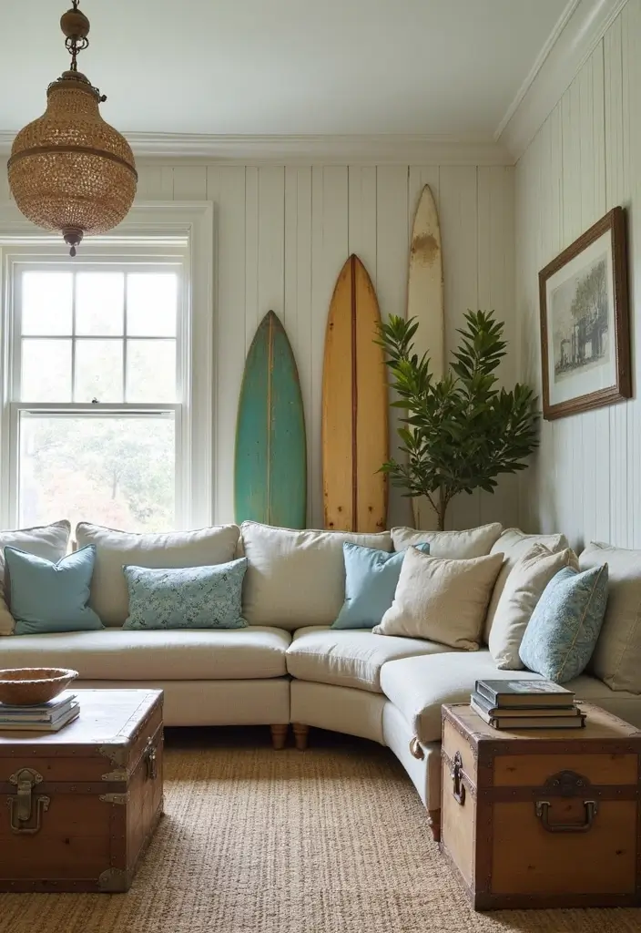 29 Beach Decor Living Room Ideas That Bring Coastal Calm - 27. Incorporating Vintage Finds