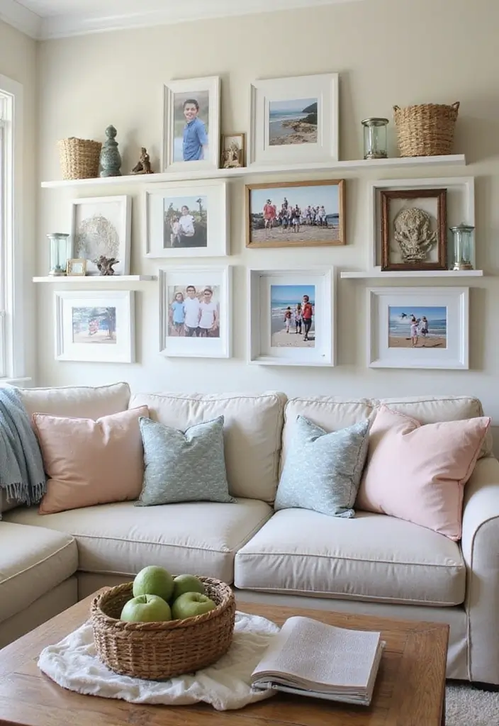 29 Beach Decor Living Room Ideas That Bring Coastal Calm - 29. Personalized Beach Memories