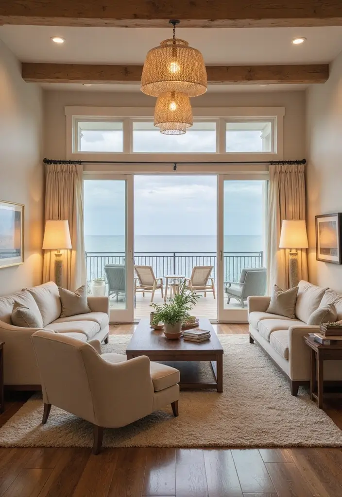 29 Beach Decor Living Room Ideas That Bring Coastal Calm - 7. Beachy Lighting Fixtures