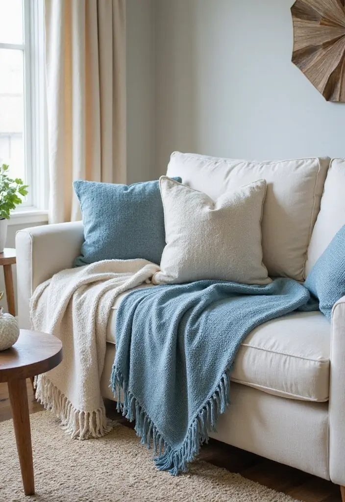 29 Beach Decor Living Room Ideas That Bring Coastal Calm - 8. Ocean-Inspired Throws and Cushions