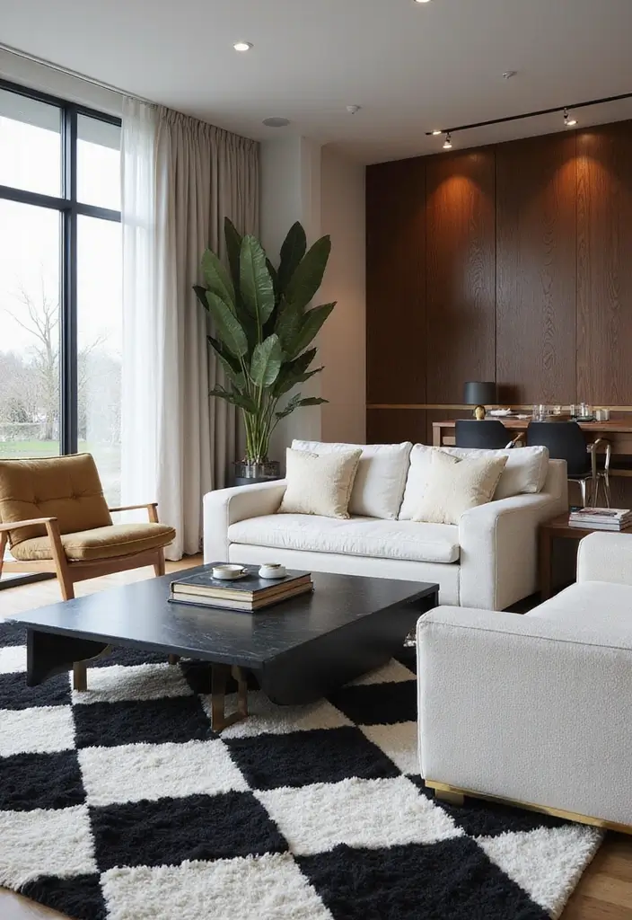 29 Checkered Rug Living Room Ideas That Add Fun Contrast - 1. Classic Black and White Checkered Elegance