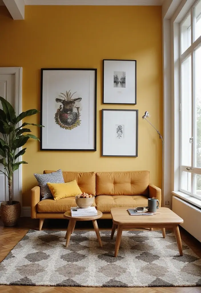 29 Checkered Rug Living Room Ideas That Add Fun Contrast - 11. Statement Wall Decor