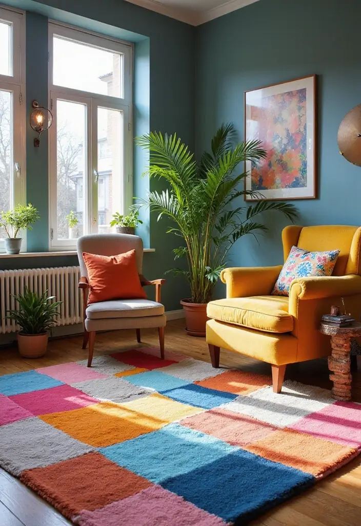 29 Checkered Rug Living Room Ideas That Add Fun Contrast - 14. Artistic Expressions