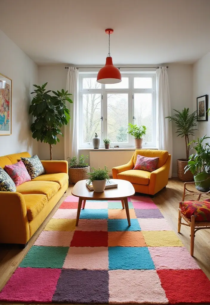 29 Checkered Rug Living Room Ideas That Add Fun Contrast - 16. Eclectic Color Blocking