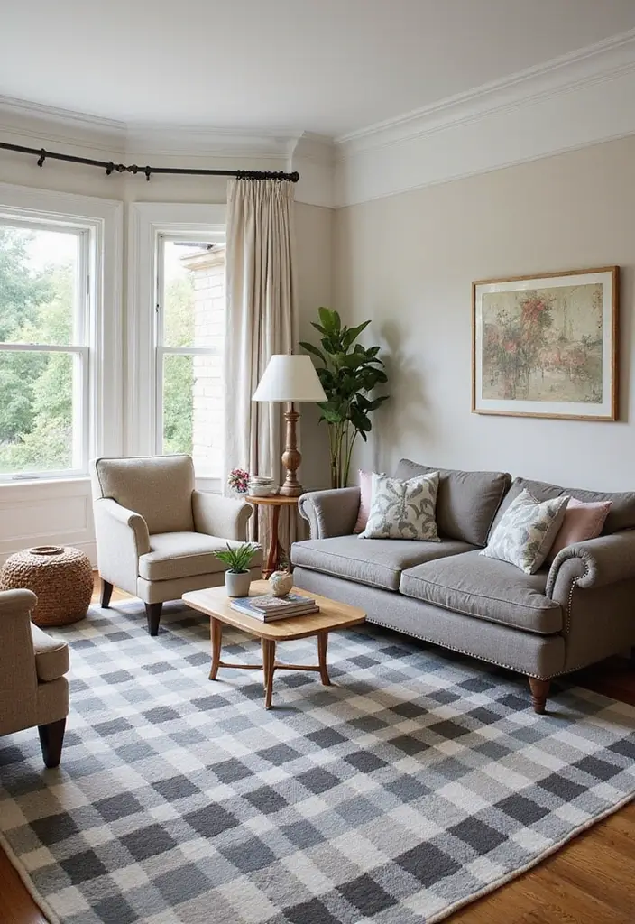 29 Checkered Rug Living Room Ideas That Add Fun Contrast - 17. A Modern Twist on Traditional