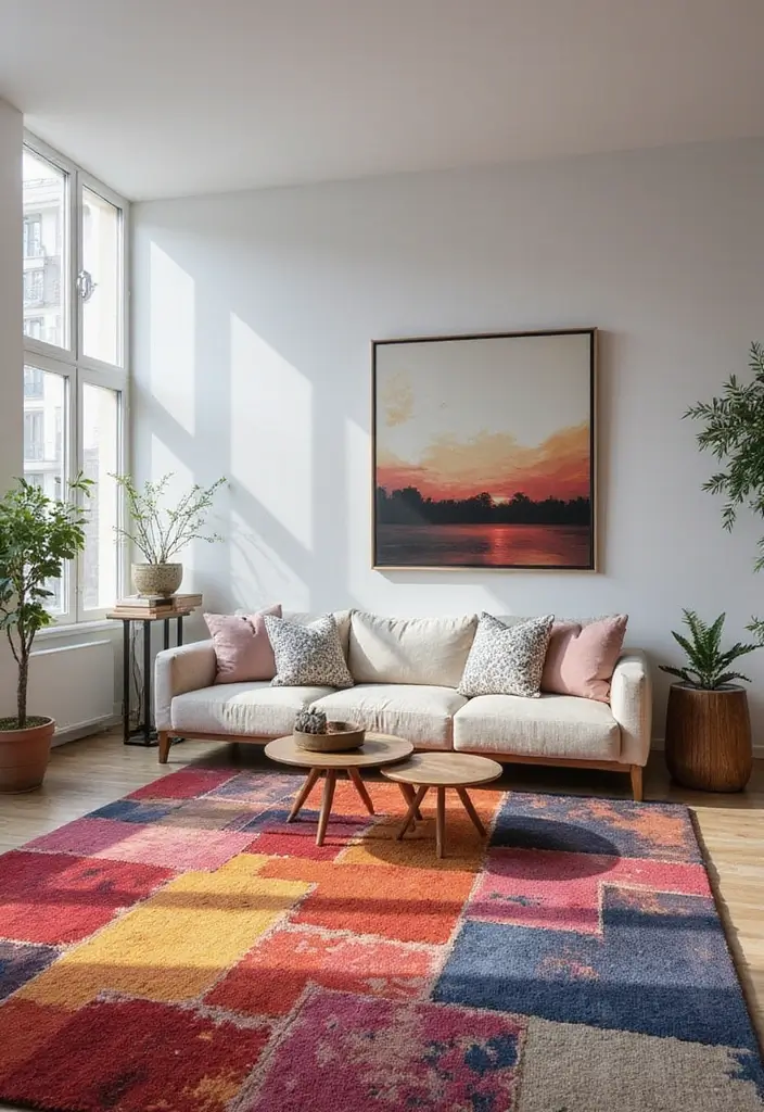 29 Checkered Rug Living Room Ideas That Add Fun Contrast - 19. Dynamic Color Gradients