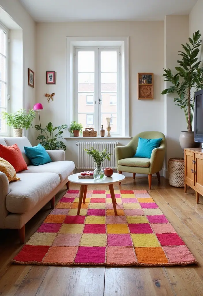 29 Checkered Rug Living Room Ideas That Add Fun Contrast - 2. Vibrant Colored Checkered Patterns