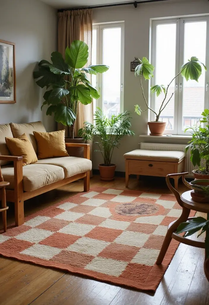 29 Checkered Rug Living Room Ideas That Add Fun Contrast - 20. Warm Earthy Textures