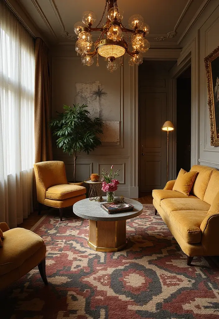 29 Checkered Rug Living Room Ideas That Add Fun Contrast - 21. Art Deco Inspirations