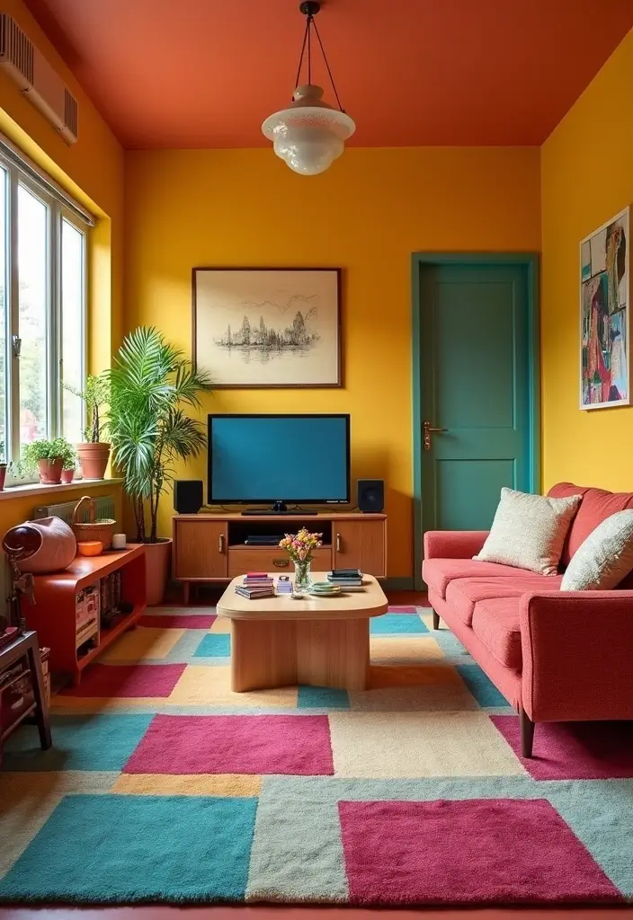 29 Checkered Rug Living Room Ideas That Add Fun Contrast - 22. Retro 70s Vibes