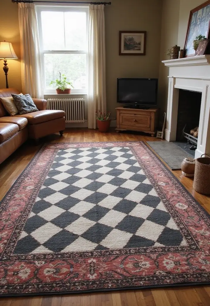 29 Checkered Rug Living Room Ideas That Add Fun Contrast - 23. Cozy Traditional Layering