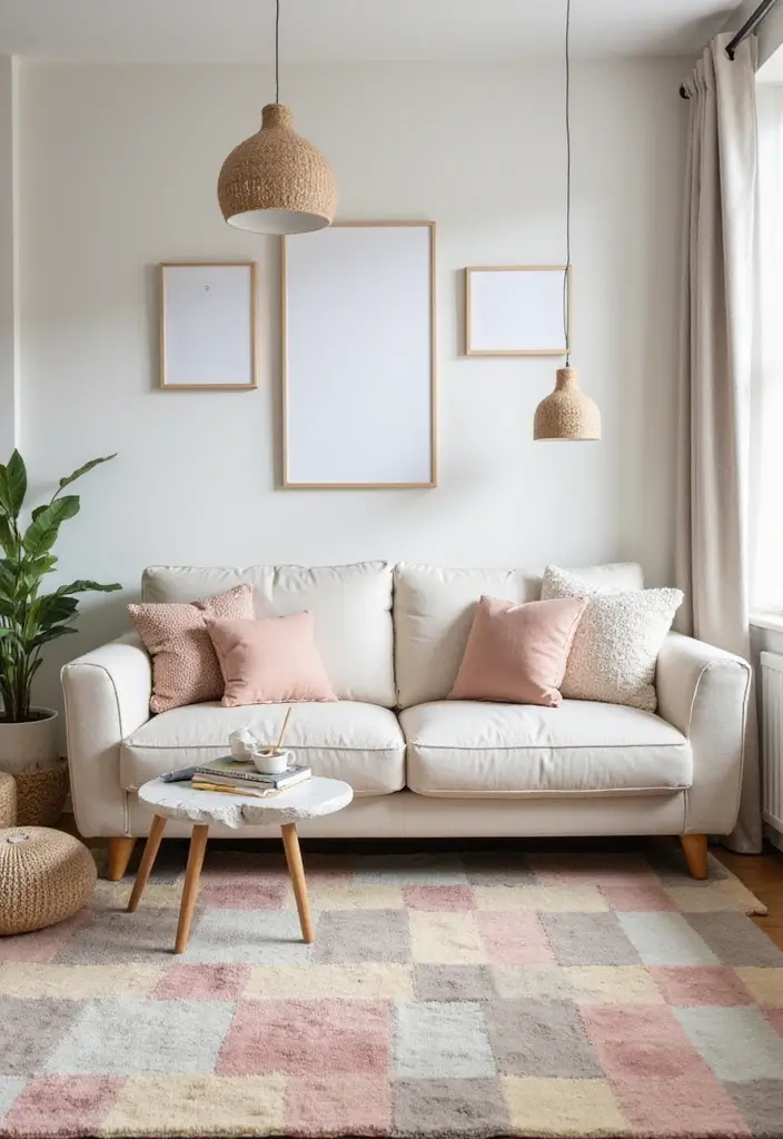 29 Checkered Rug Living Room Ideas That Add Fun Contrast - 24. Soft Pastels for a Gentle Touch