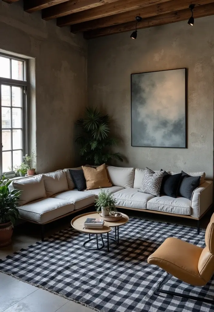 29 Checkered Rug Living Room Ideas That Add Fun Contrast - 25. Industrial Edge