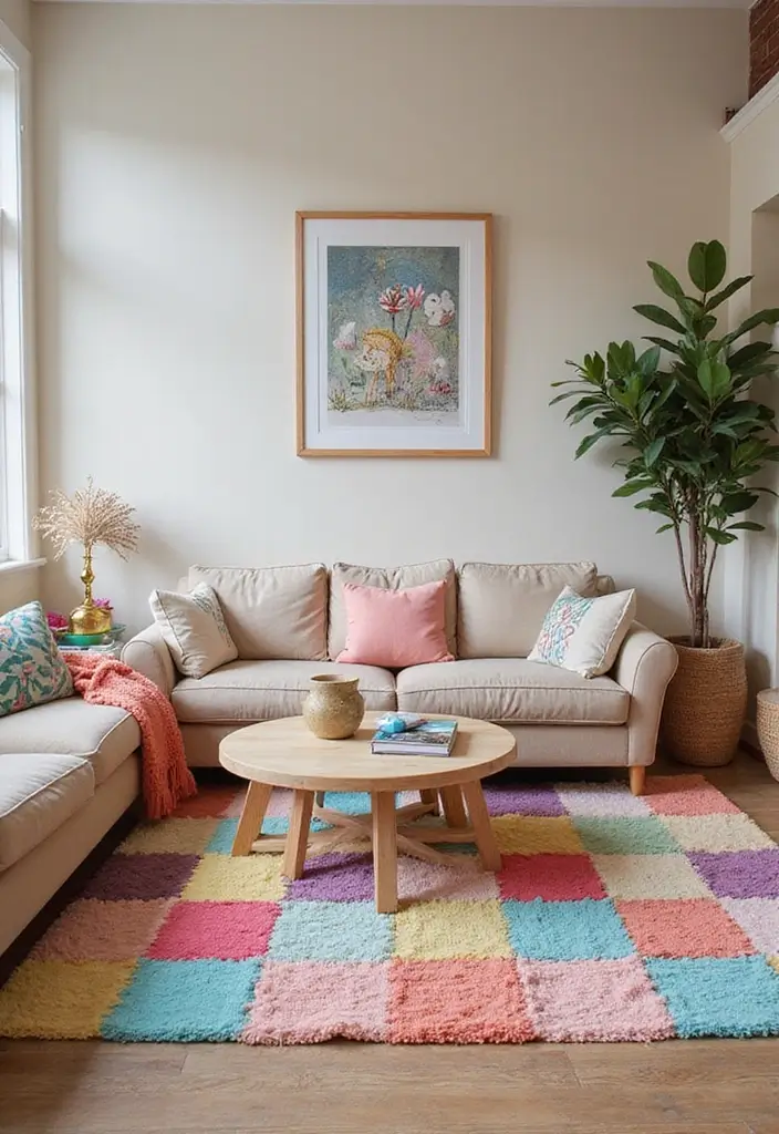 29 Checkered Rug Living Room Ideas That Add Fun Contrast - 27. Whimsical Patterns