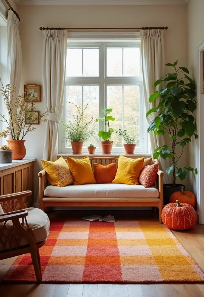 29 Checkered Rug Living Room Ideas That Add Fun Contrast - 29. Seasonal Colors