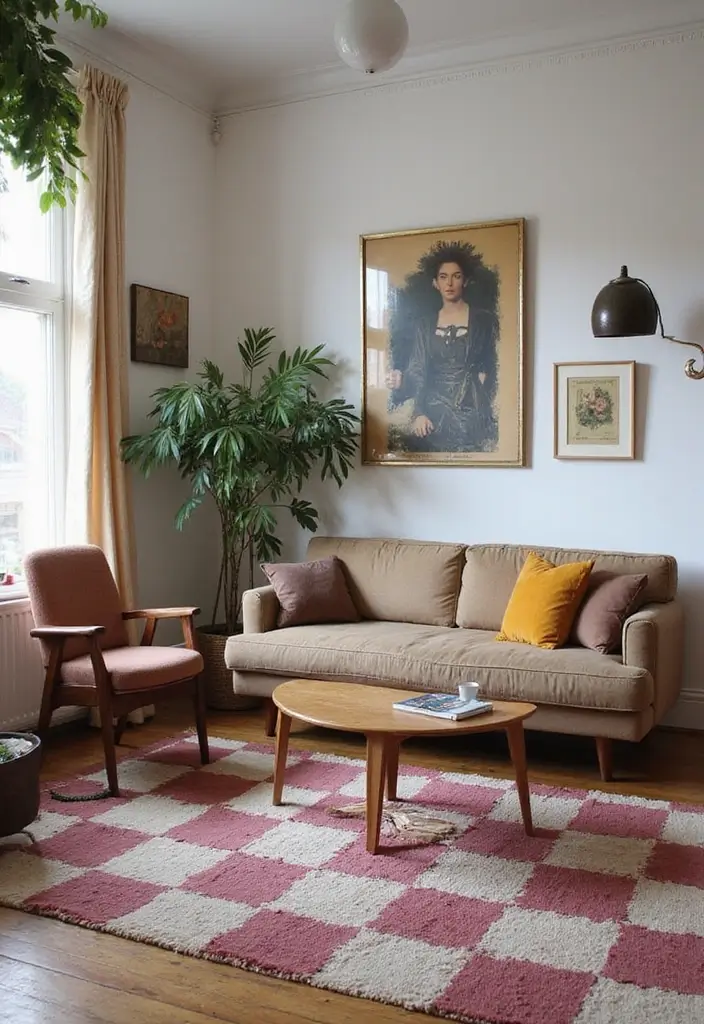 29 Checkered Rug Living Room Ideas That Add Fun Contrast - 4. Vintage Charm Meets Modern Design