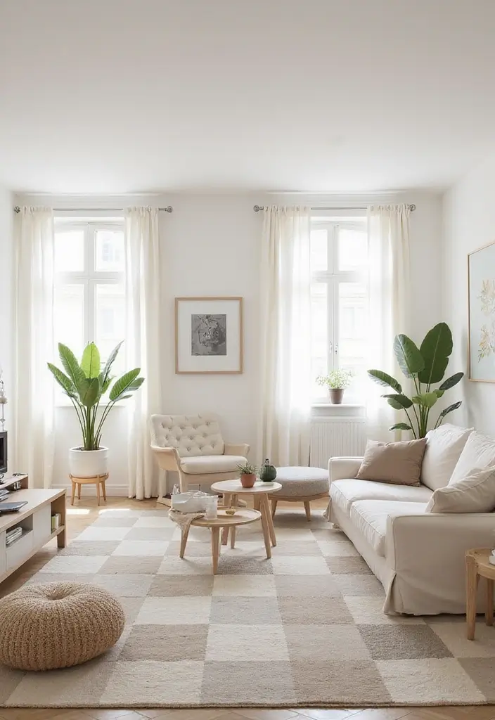 29 Checkered Rug Living Room Ideas That Add Fun Contrast - 5. Minimalist Neutral Tones